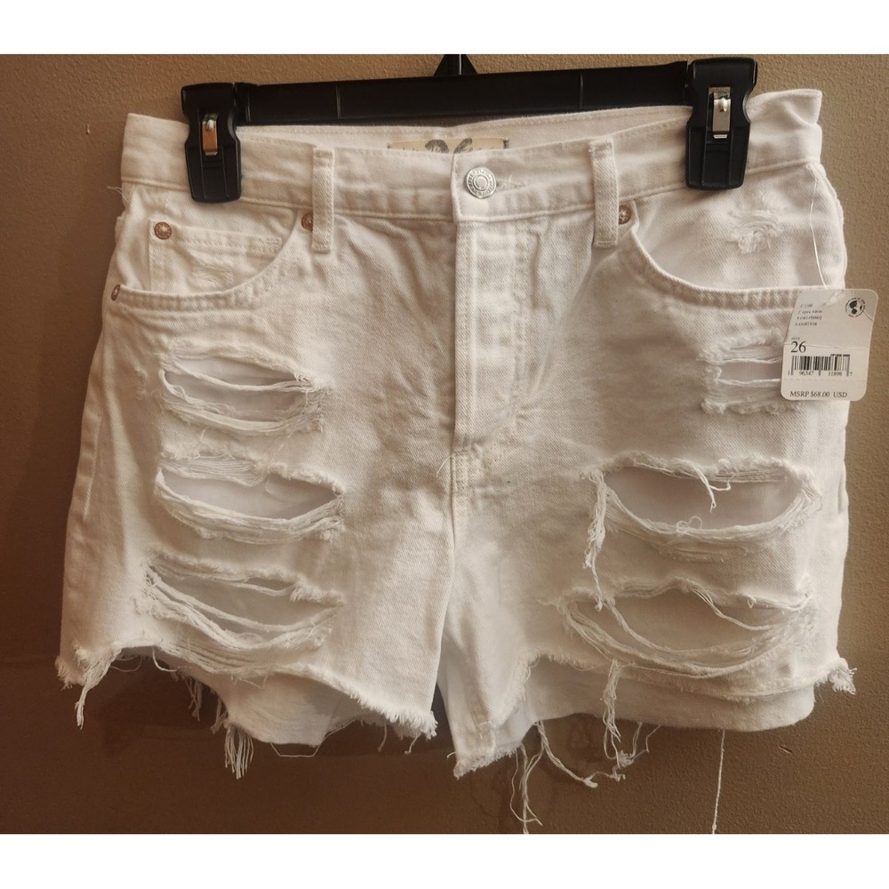 We the Free People Distressed Cutoff White Denim Shorts Button Fly Size 26 NWT